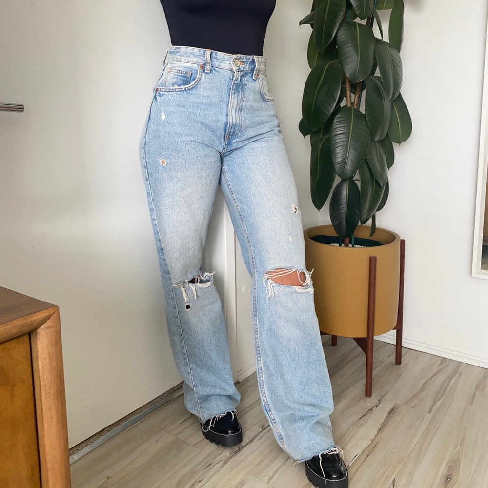 Zara High-Rise Wide Leg Distressed Jeans